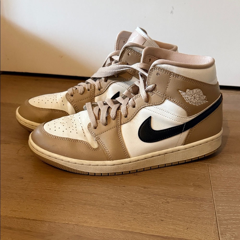 Nike Air Jordan 1 Mid Sneakers - Tan / Black / White